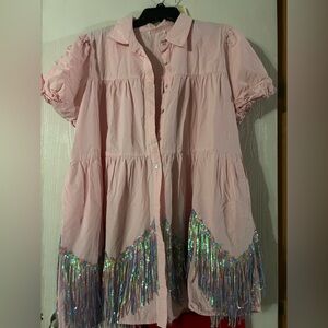 Pink Button-Up Dress with Iridescent Fringe